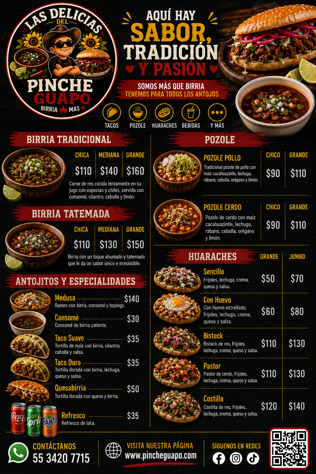 Carta de birria, pozole y huaraches de Las Delicias del Pinche Guapo
